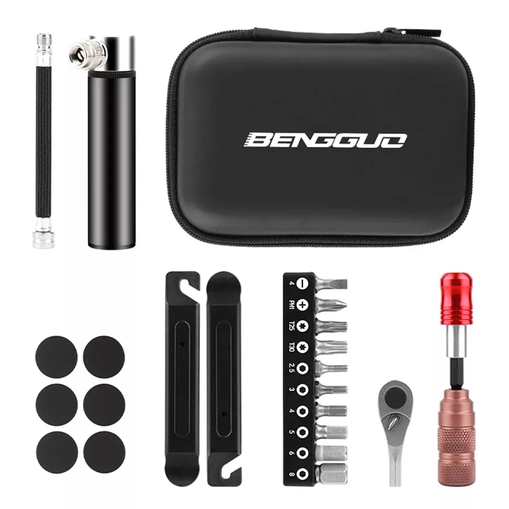 BENGGUO BG-0789 Bike Repair Tools Kits with Tire Patch+Mini Ratchet Wrench+Mini Air Inflator