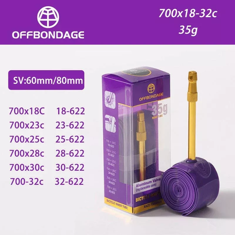 OFFBONDAGE Ultralight Aluminum Valve Bike Inner Tube 700CX18 32 Bike Inner Tube 60 80mm Length French Valve Super Light Tube